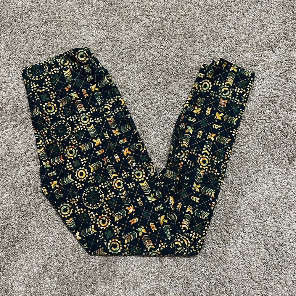 LulaRoe One Size Leggings, Emerald Green and Yellow Design